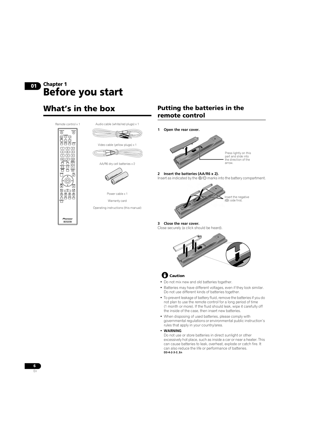 Pioneer BDP-LX08 What’s in the box, Putting the batteries in the remote control, Open the rear cover, Close the rear cover 