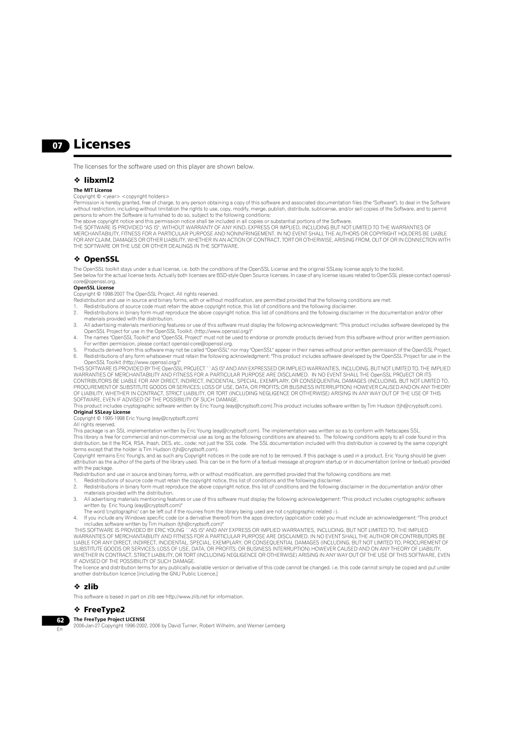 Pioneer BDP-LX08 operating instructions Licenses,  libxml2,  OpenSSL,  zlib  FreeType2 