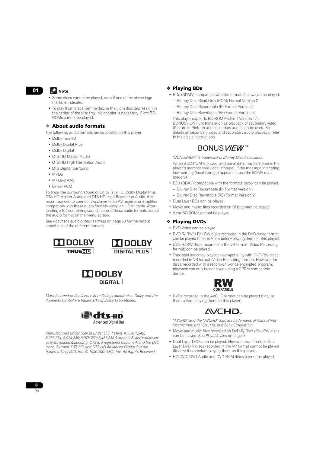 Pioneer BDP-LX08 operating instructions  About audio formats,  Playing BDs,  Playing DVDs 