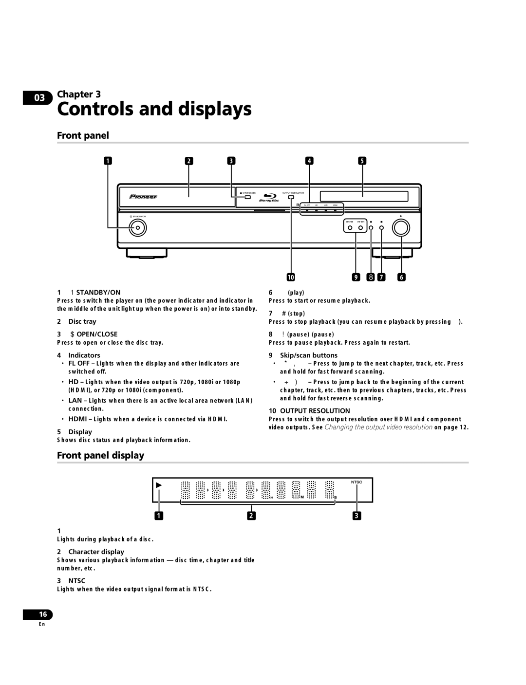 Pioneer BDP-LX70A operating instructions Front panel display,  Standby/On,  Open/Close, Output Resolution, Ntsc 