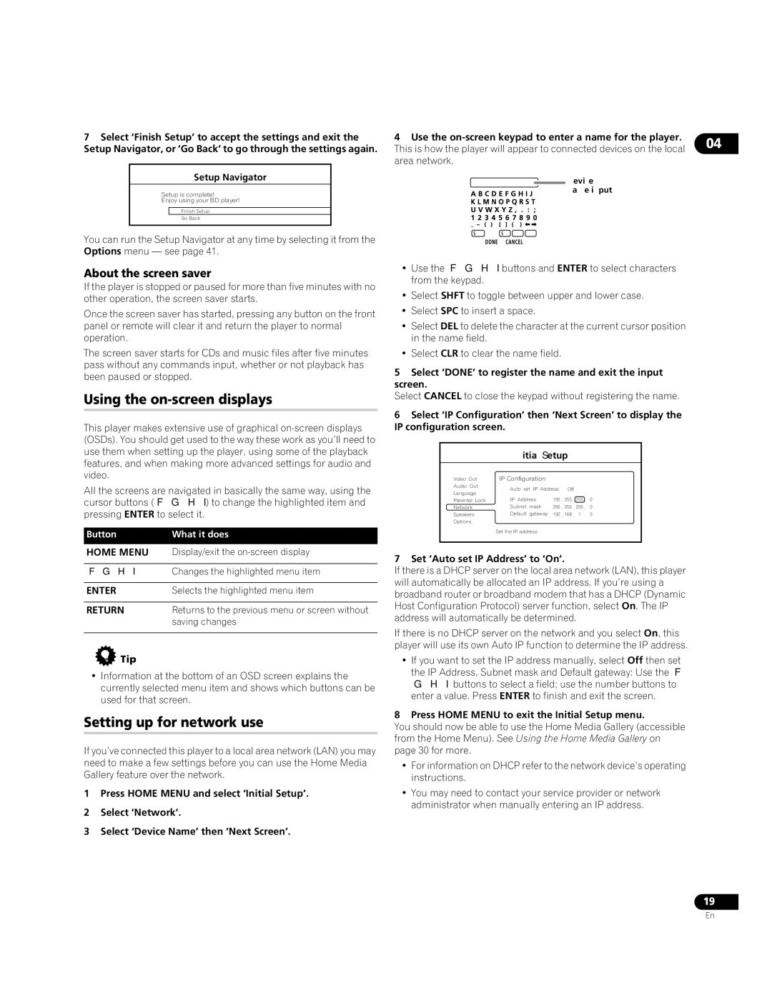 Pioneer BDP-LX70A operating instructions Using the on-screen displays, Setting up for network use, About the screen saver 