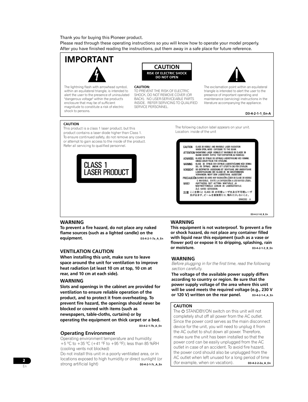 Pioneer BDP-LX70A operating instructions Ventilation Caution 