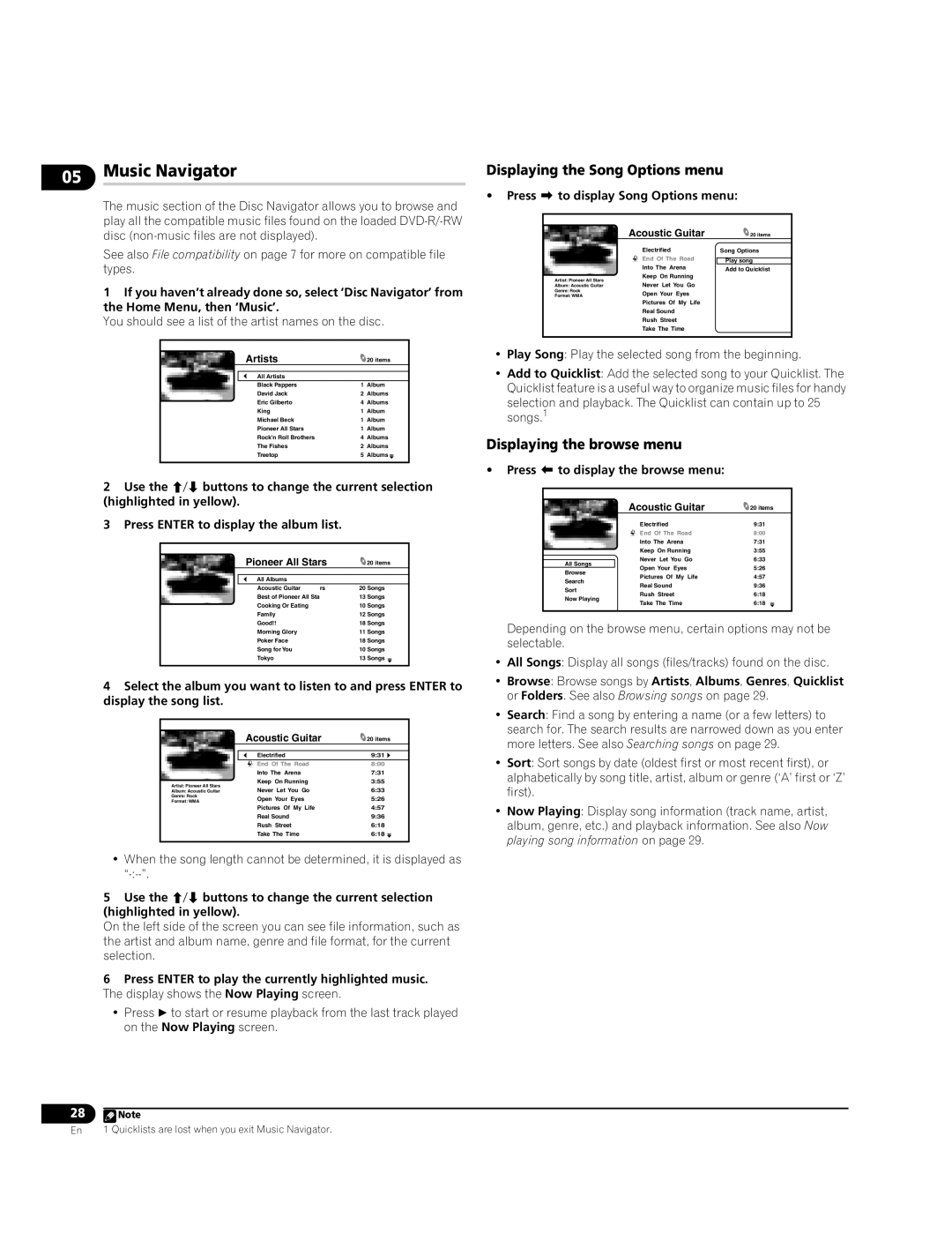 Pioneer BDP-LX70A Music Navigator, Displaying the Song Options menu, Press Enter to play the currently highlighted music 