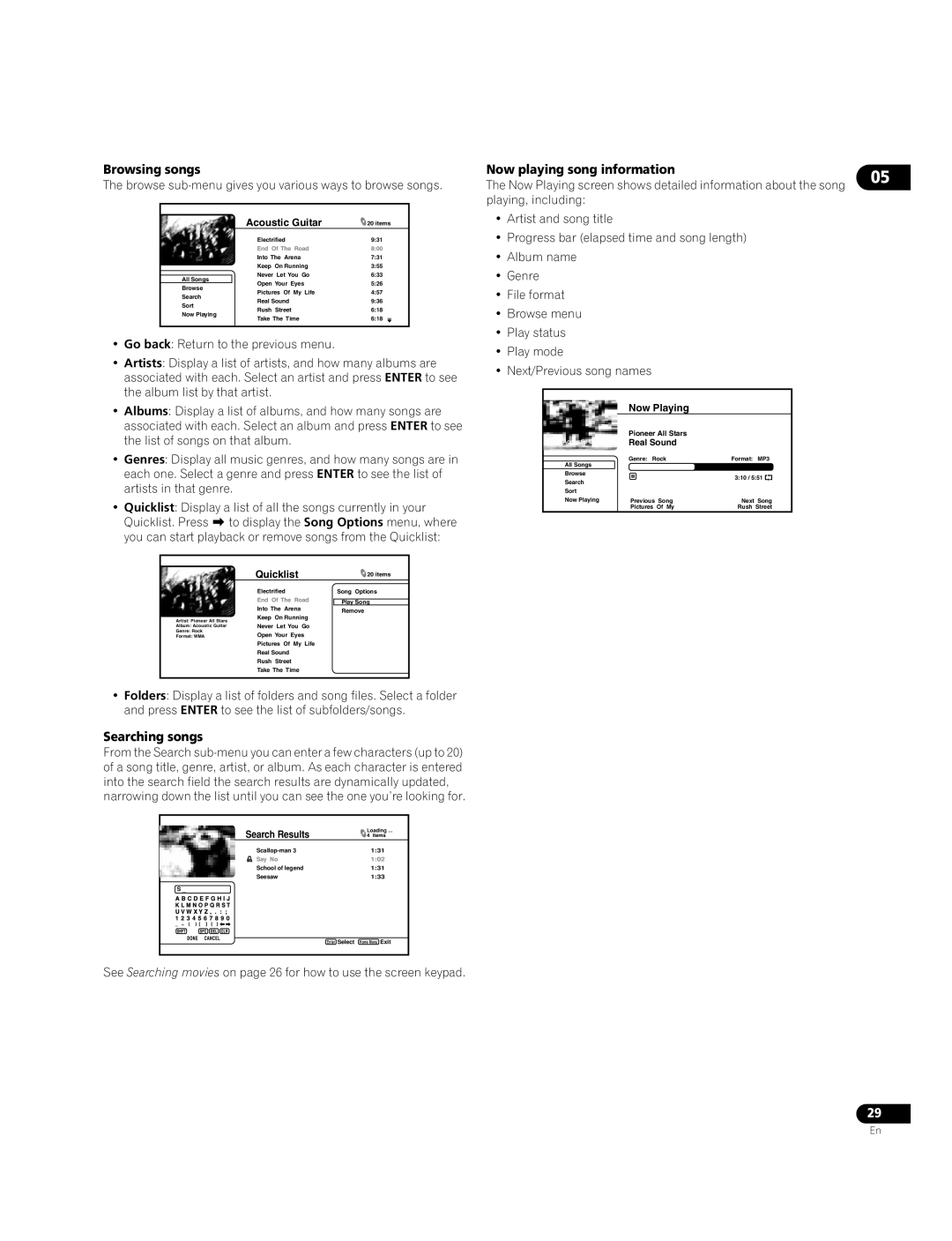 Pioneer BDP-LX70A operating instructions Browsing songs Now playing song information, Searching songs 