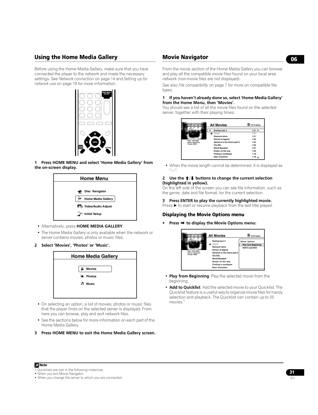 Pioneer BDP-LX70A operating instructions Using the Home Media Gallery Movie Navigator, Displaying the Movie Options menu 