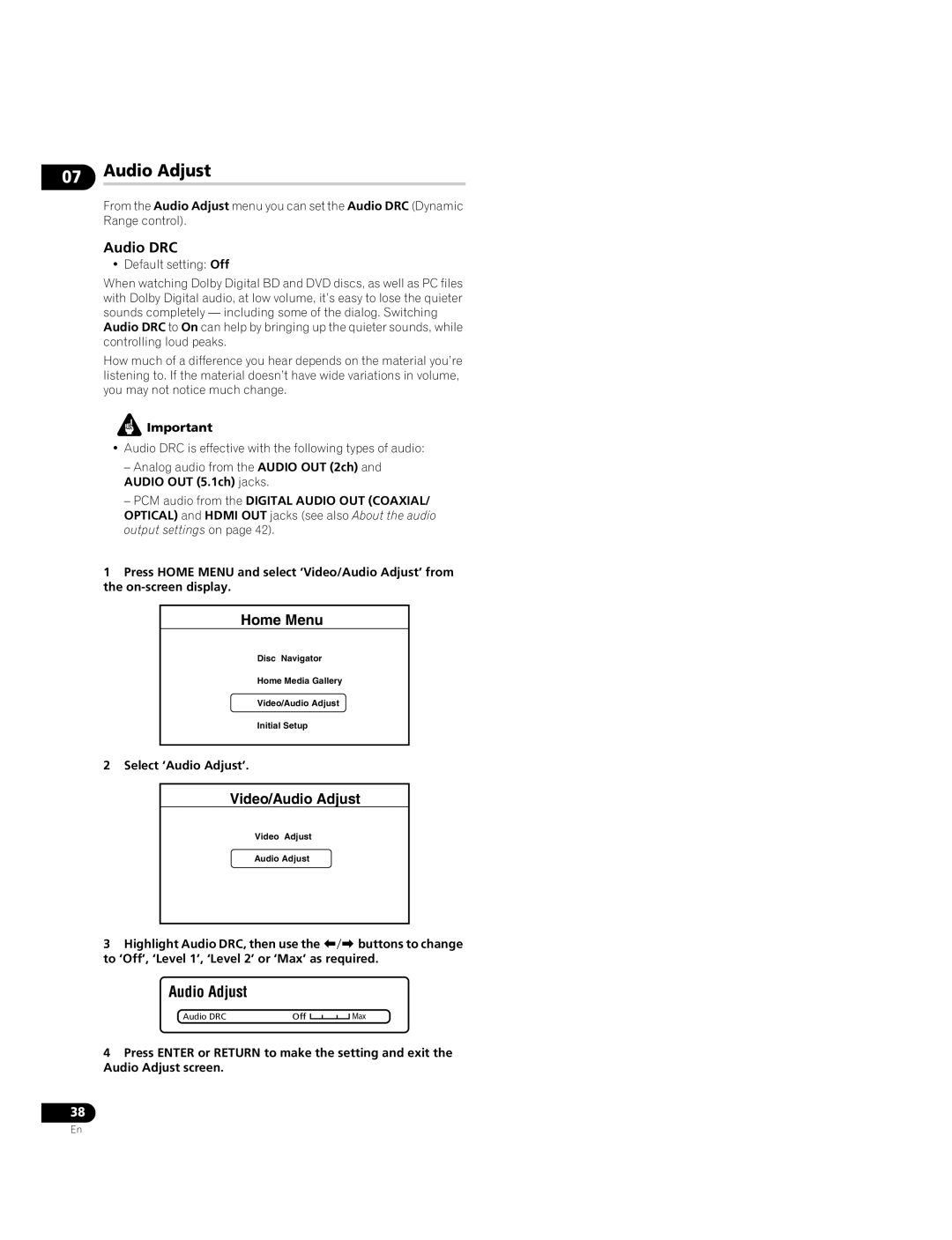 Pioneer BDP-LX70A operating instructions Audio DRC, Select ‘Audio Adjust’ 