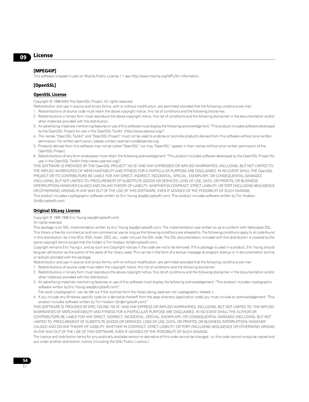 Pioneer BDP-LX70A operating instructions OpenSSL License, Original SSLeay License 