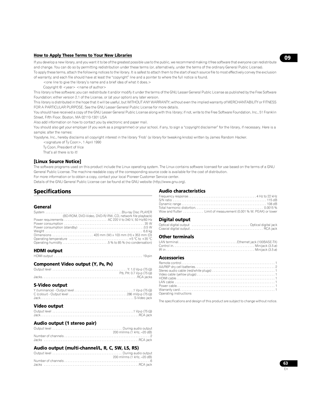 Pioneer BDP-LX70A operating instructions Specifications 