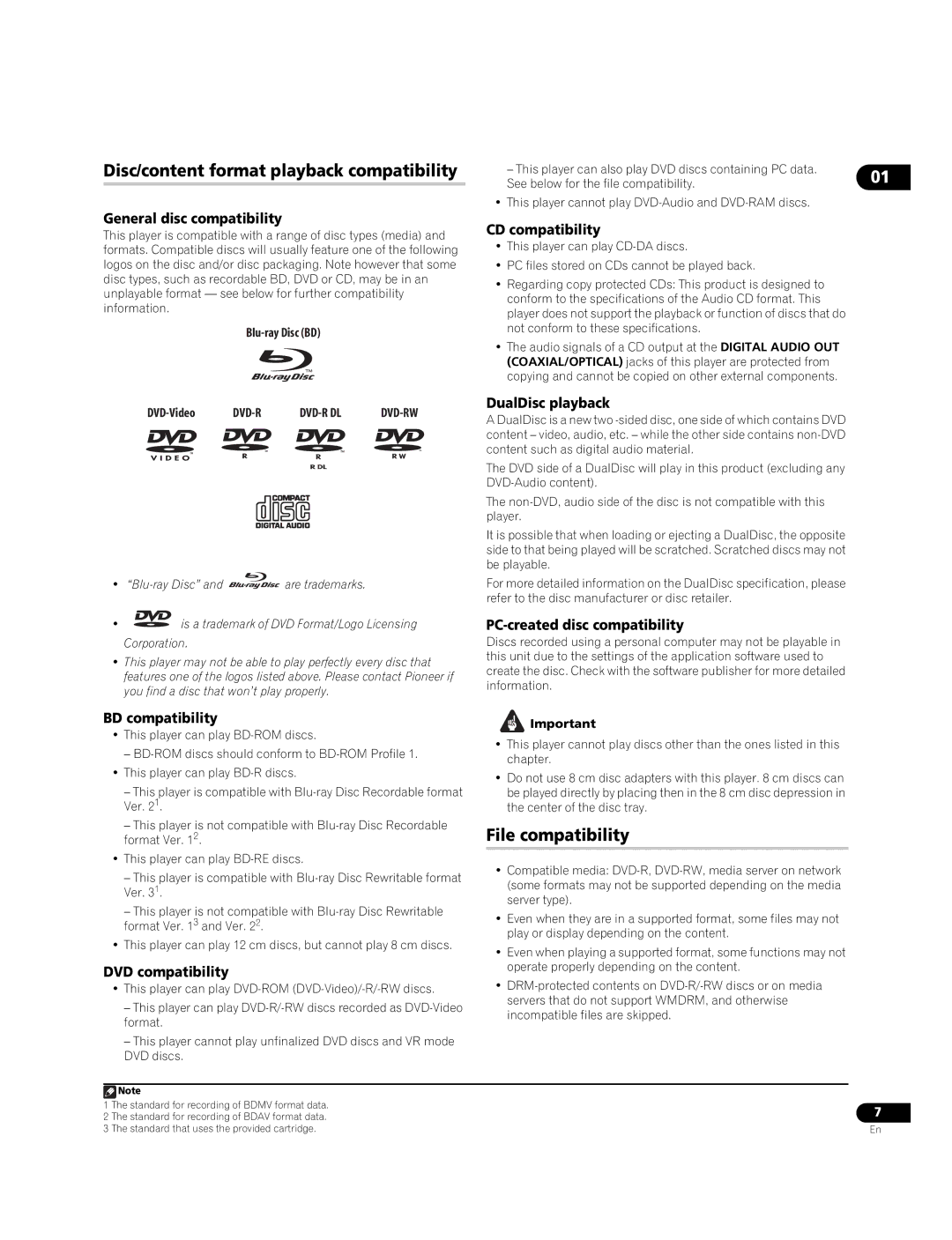 Pioneer BDP-LX70A Disc/content format playback compatibility, General disc compatibility, BD compatibility 