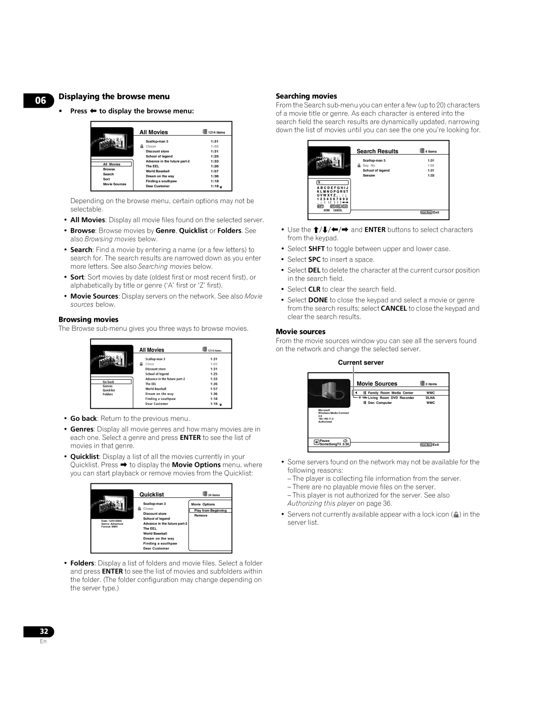 Pioneer BDP-LX70A operating instructions Displaying the browse menu, Current server 