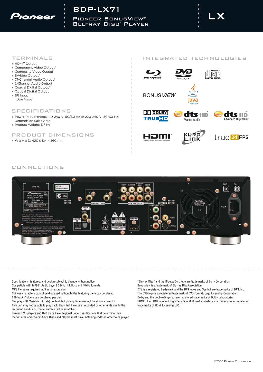 Pioneer BDP-LX71 manual Terminals Integrated Technologies, Specifications, Product Dimensions, Connections 