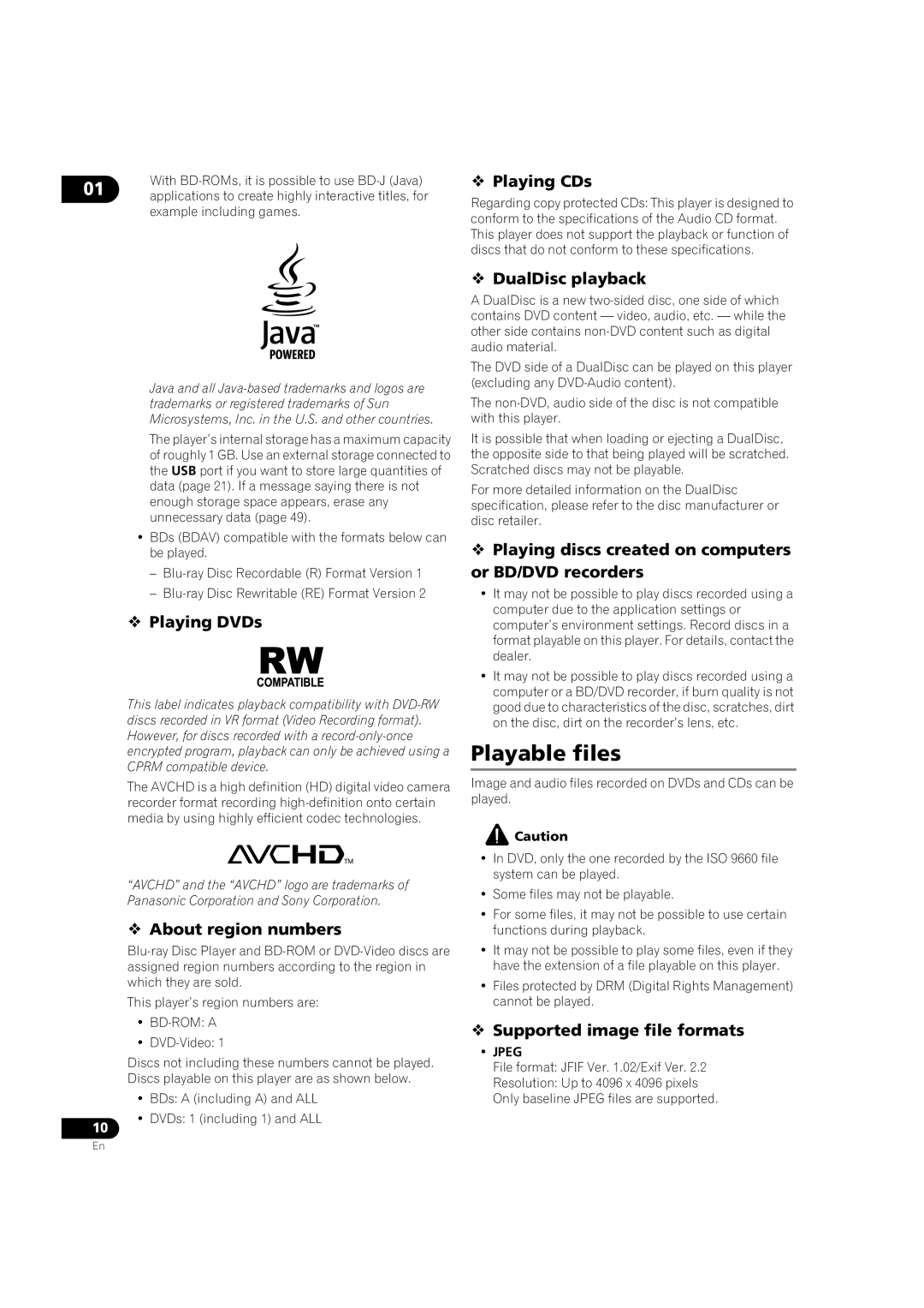 Pioneer BDP-V6000 operating instructions Playable files 