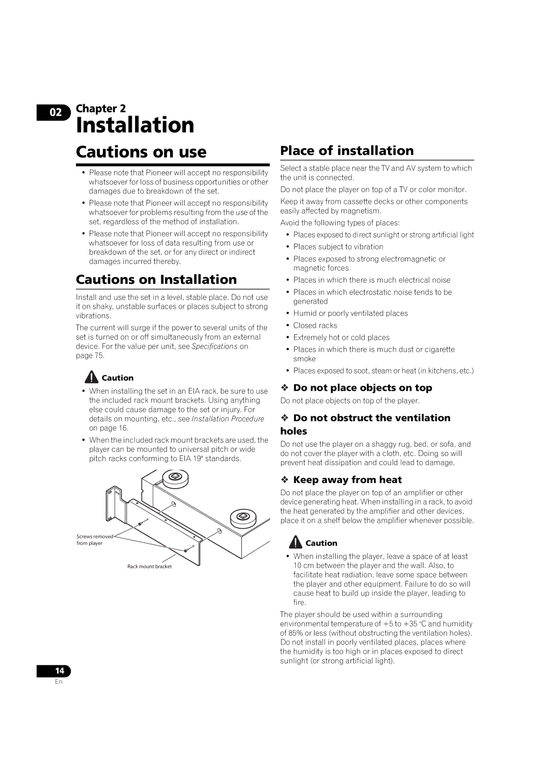 Pioneer BDP-V6000 Place of installation,  Do not place objects on top,  Do not obstruct the ventilation holes 