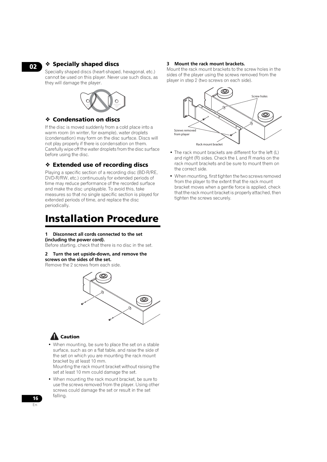 Pioneer BDP-V6000 operating instructions Installation Procedure, 02  Specially shaped discs,  Condensation on discs 