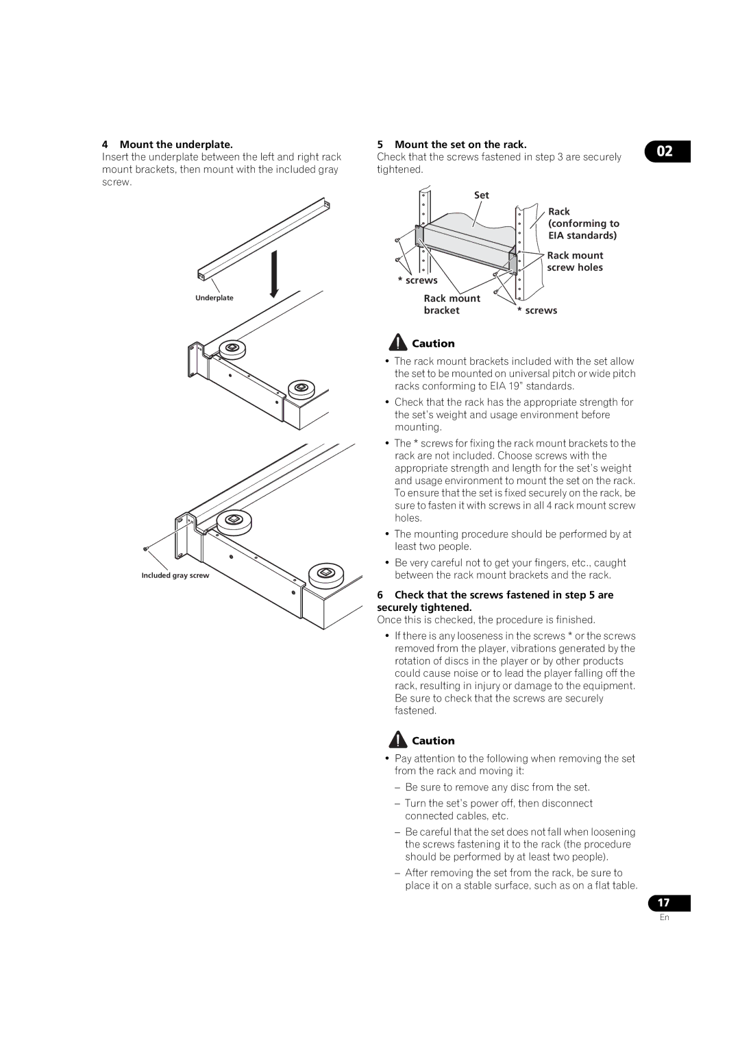 Pioneer BDP-V6000 Mount the underplate, Mount the set on the rack, Set, Rack mount Screw holes * screws Bracket 