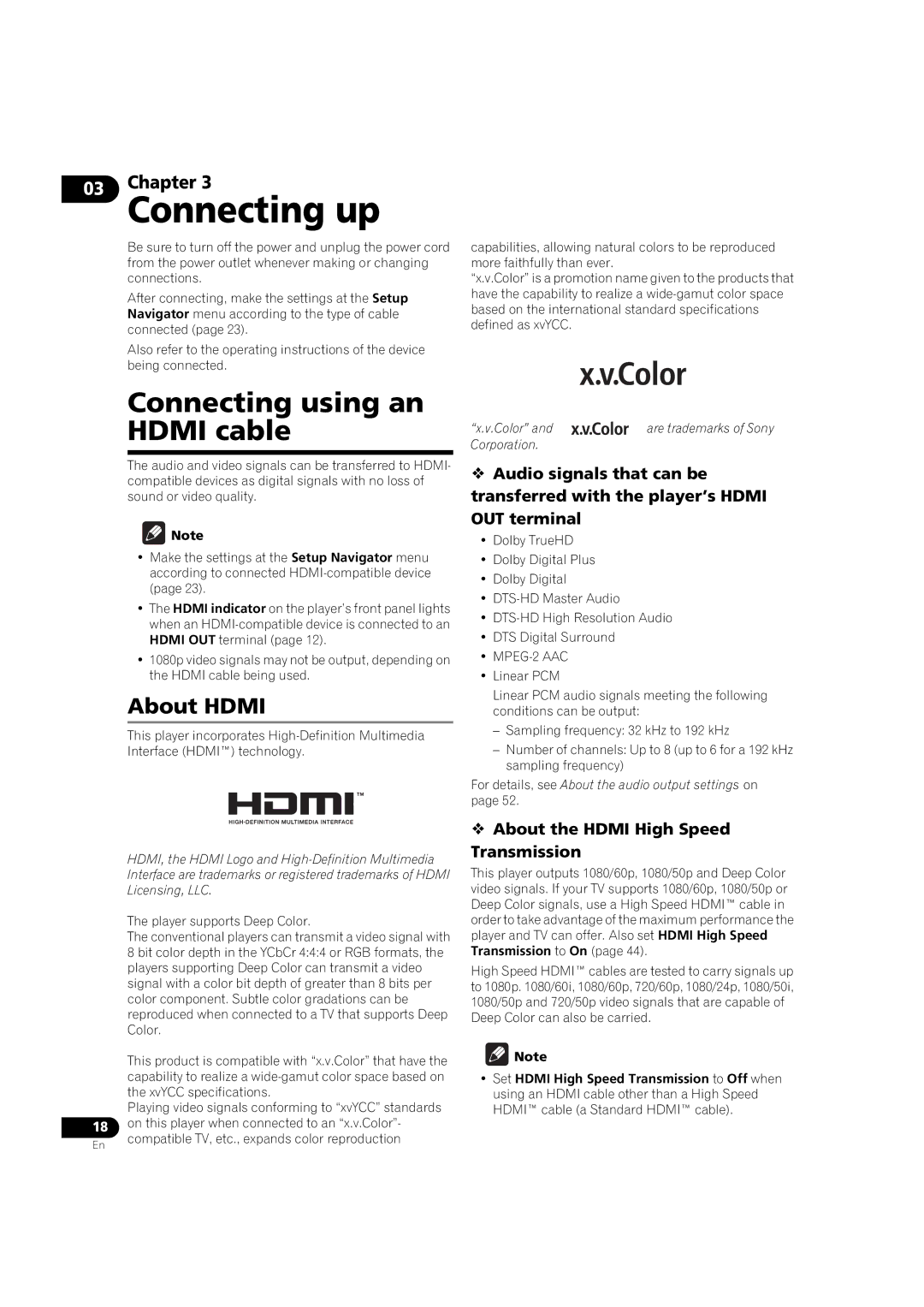 Pioneer BDP-V6000 Connecting using an Hdmi cable, About Hdmi,  About the Hdmi High Speed Transmission 