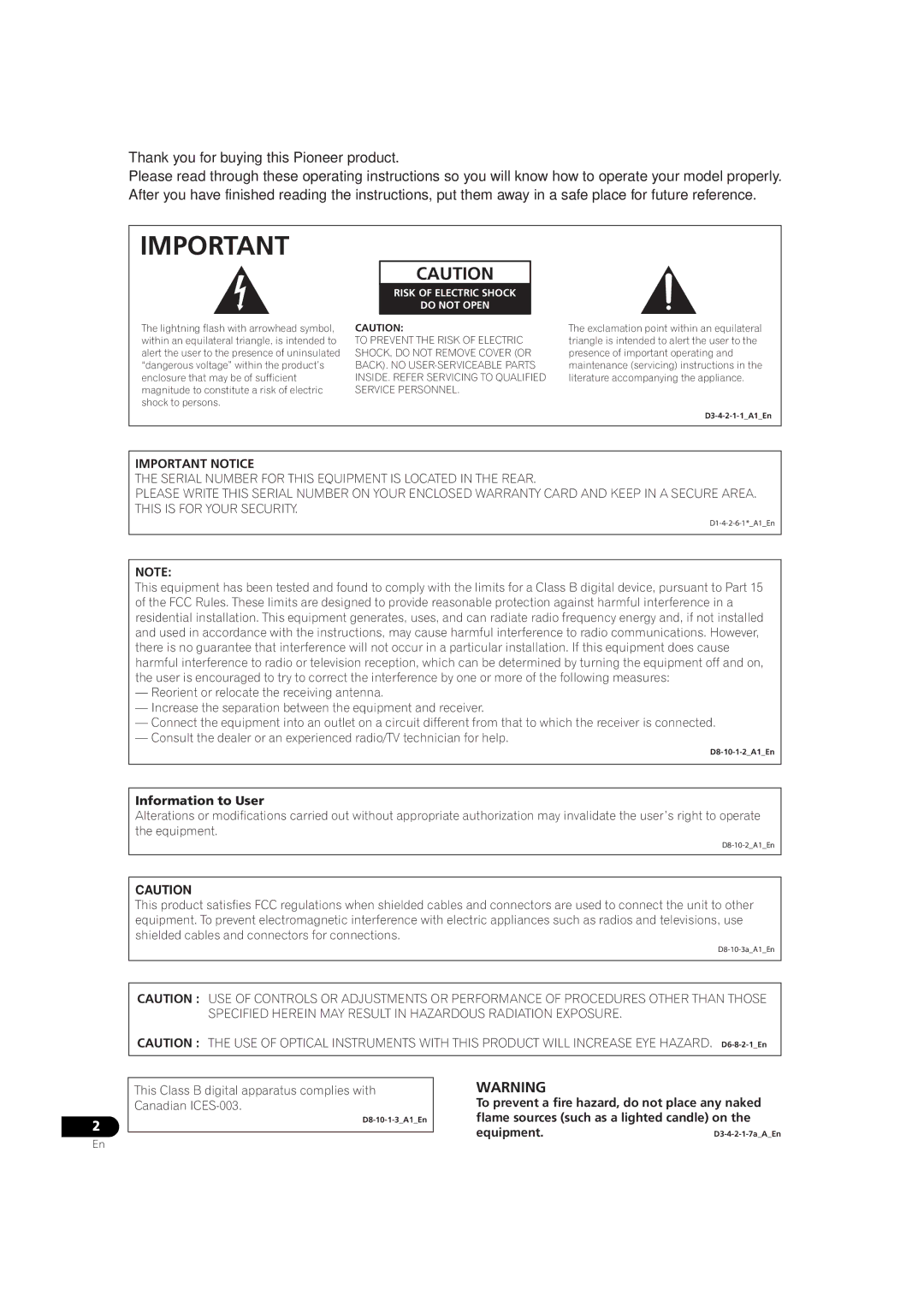 Pioneer BDP-V6000 operating instructions Information to User, Risk of Electric Shock Do not Open 