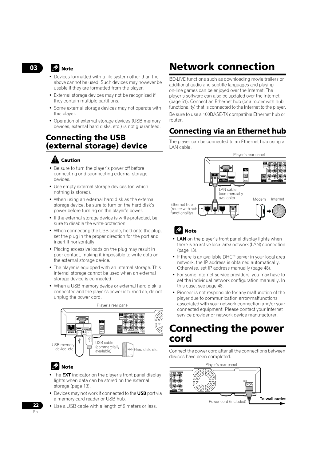 Pioneer BDP-V6000 Network connection, Connecting the power cord, Connecting the USB external storage device 