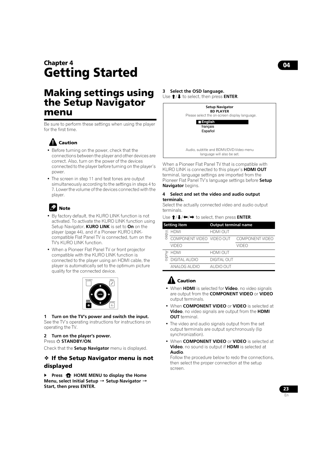 Pioneer BDP-V6000 Making settings using the Setup Navigator menu,  If the Setup Navigator menu is not displayed 