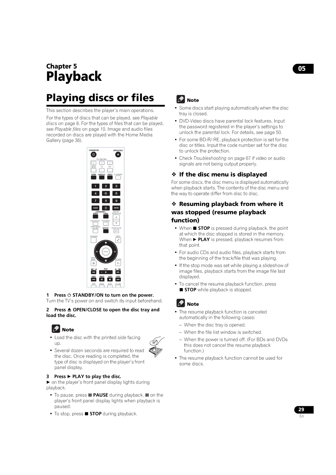 Pioneer BDP-V6000 Playing discs or files,  If the disc menu is displayed, Press  STANDBY/ON to turn on the power 