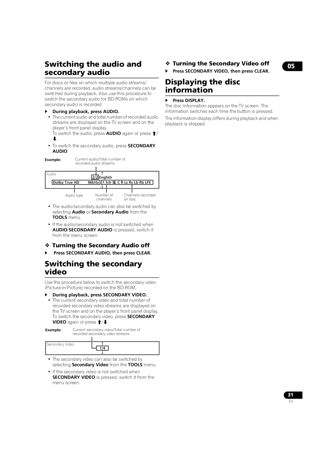 Pioneer BDP-V6000 Switching the audio and secondary audio, Switching the secondary video, Displaying the disc information 