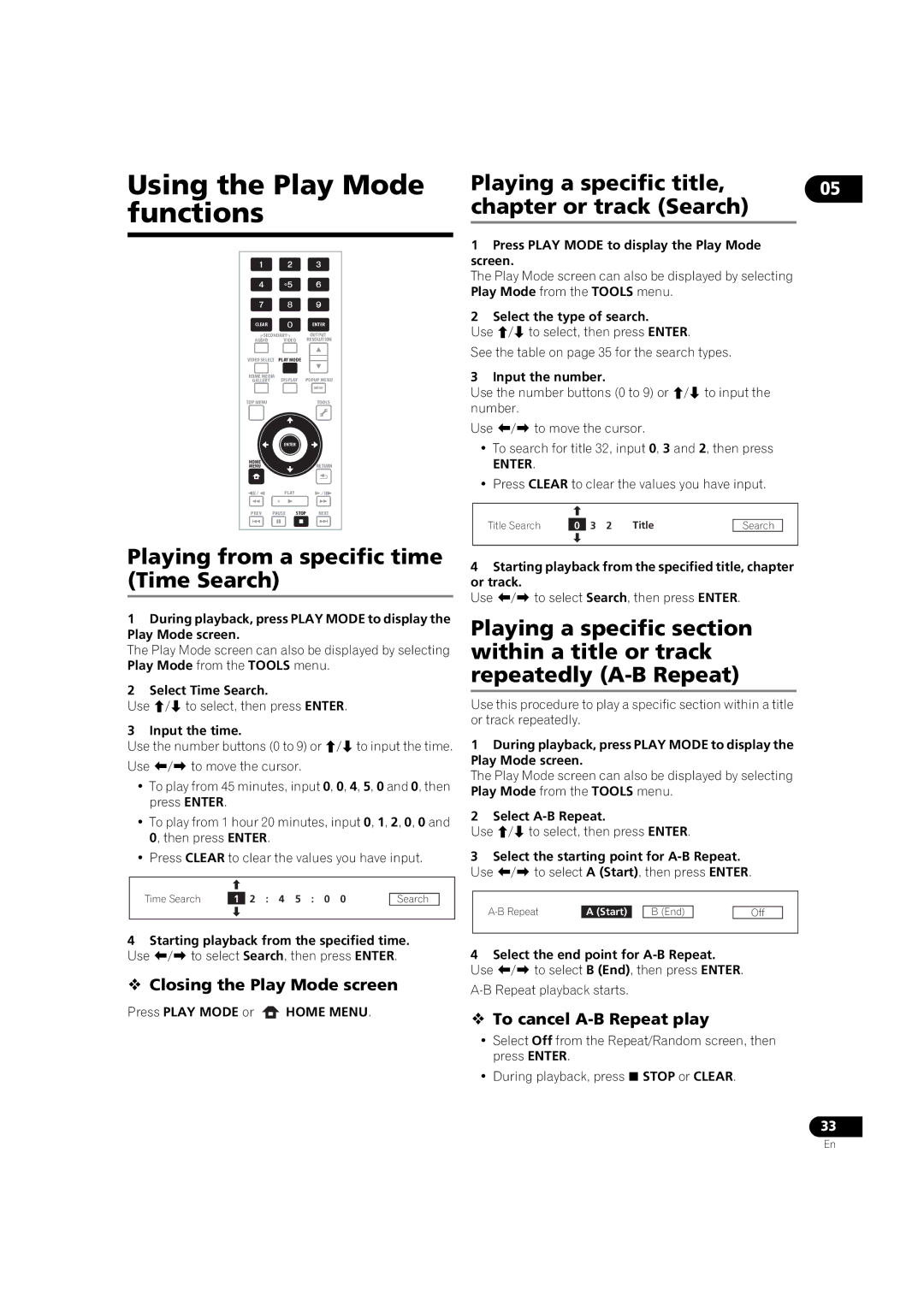 Pioneer BDP-V6000 operating instructions Using the Play Mode, Playing a specific title, Chapter or track Search 