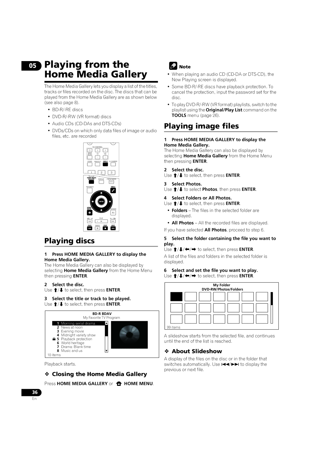 Pioneer BDP-V6000 Playing from the Home Media Gallery, Playing discs, Playing image files,  About Slideshow 