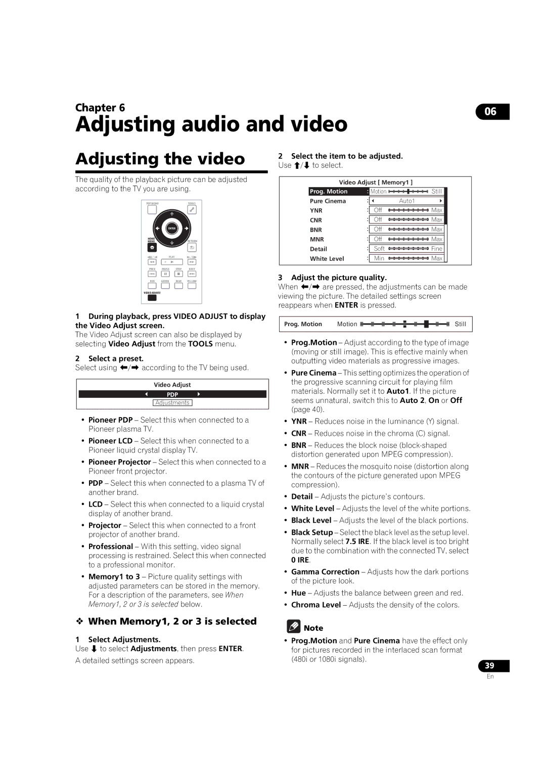 Pioneer BDP-V6000 operating instructions Adjusting the video,  When Memory1, 2 or 3 is selected 