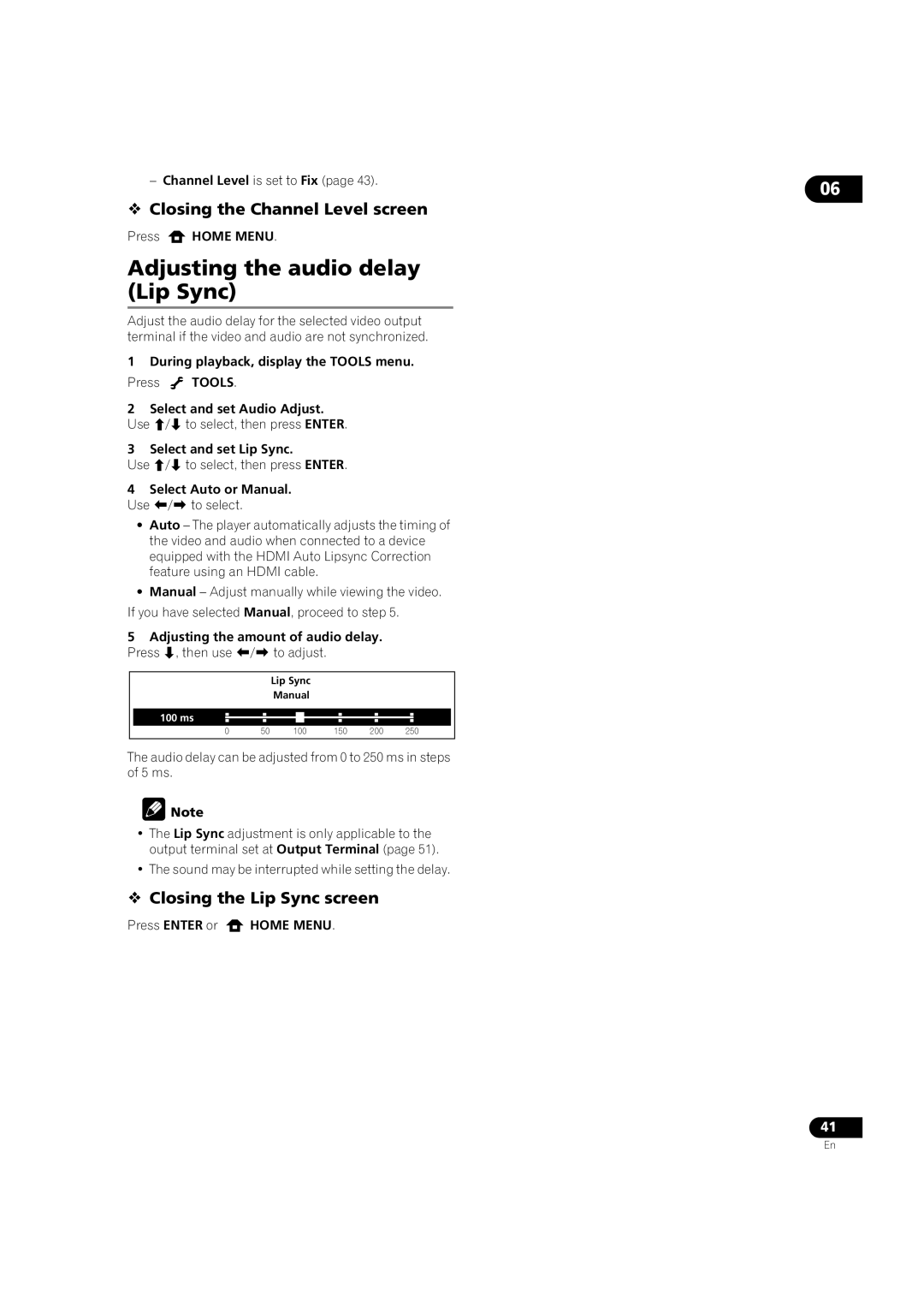 Pioneer BDP-V6000 Adjusting the audio delay Lip Sync,  Closing the Channel Level screen,  Closing the Lip Sync screen 
