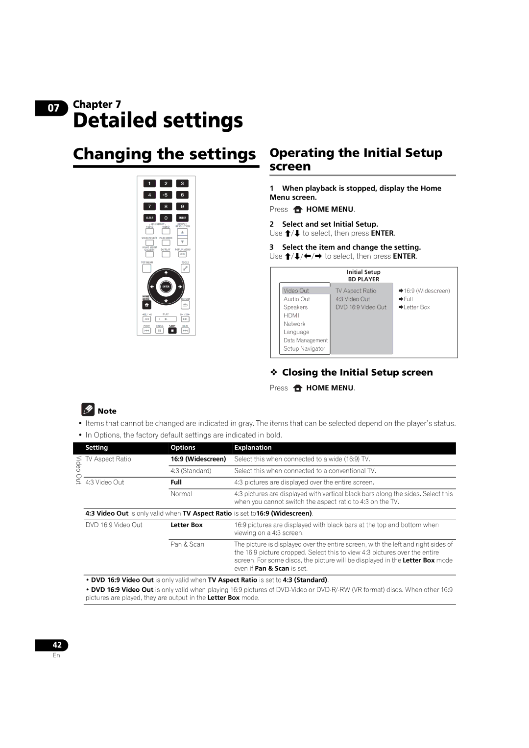 Pioneer BDP-V6000 Changing the settings, Operating the Initial Setup screen,  Closing the Initial Setup screen 