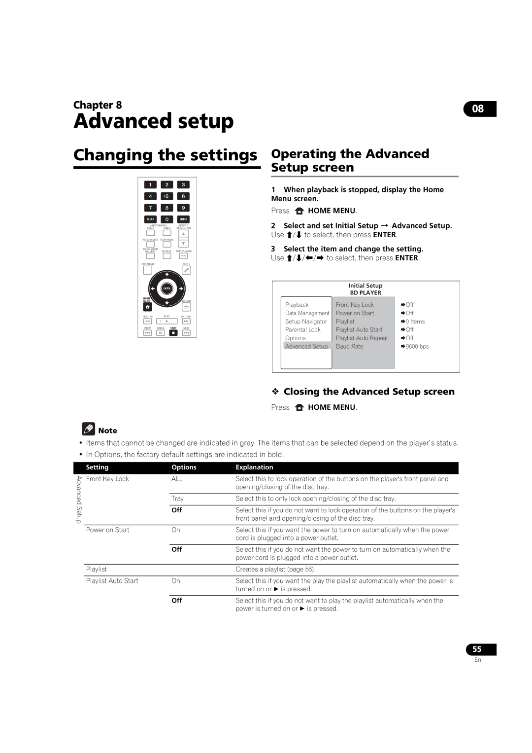 Pioneer BDP-V6000 operating instructions Operating the Advanced Setup screen,  Closing the Advanced Setup screen 