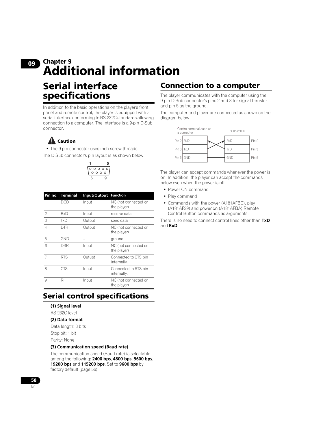 Pioneer BDP-V6000 Serial interface specifications, Connection to a computer, Serial control specifications 