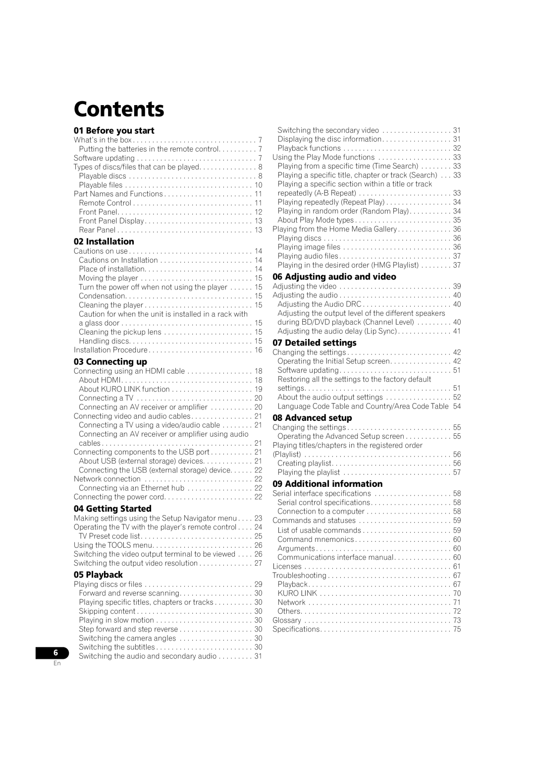 Pioneer BDP-V6000 operating instructions Contents 