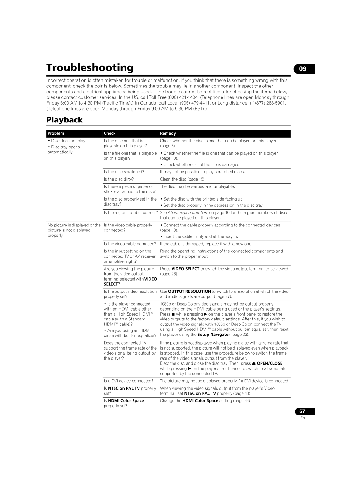 Pioneer BDP-V6000 operating instructions Playback, Problem, Check Remedy, Is Ntsc on PAL TV properly, Is Hdmi Color Space 