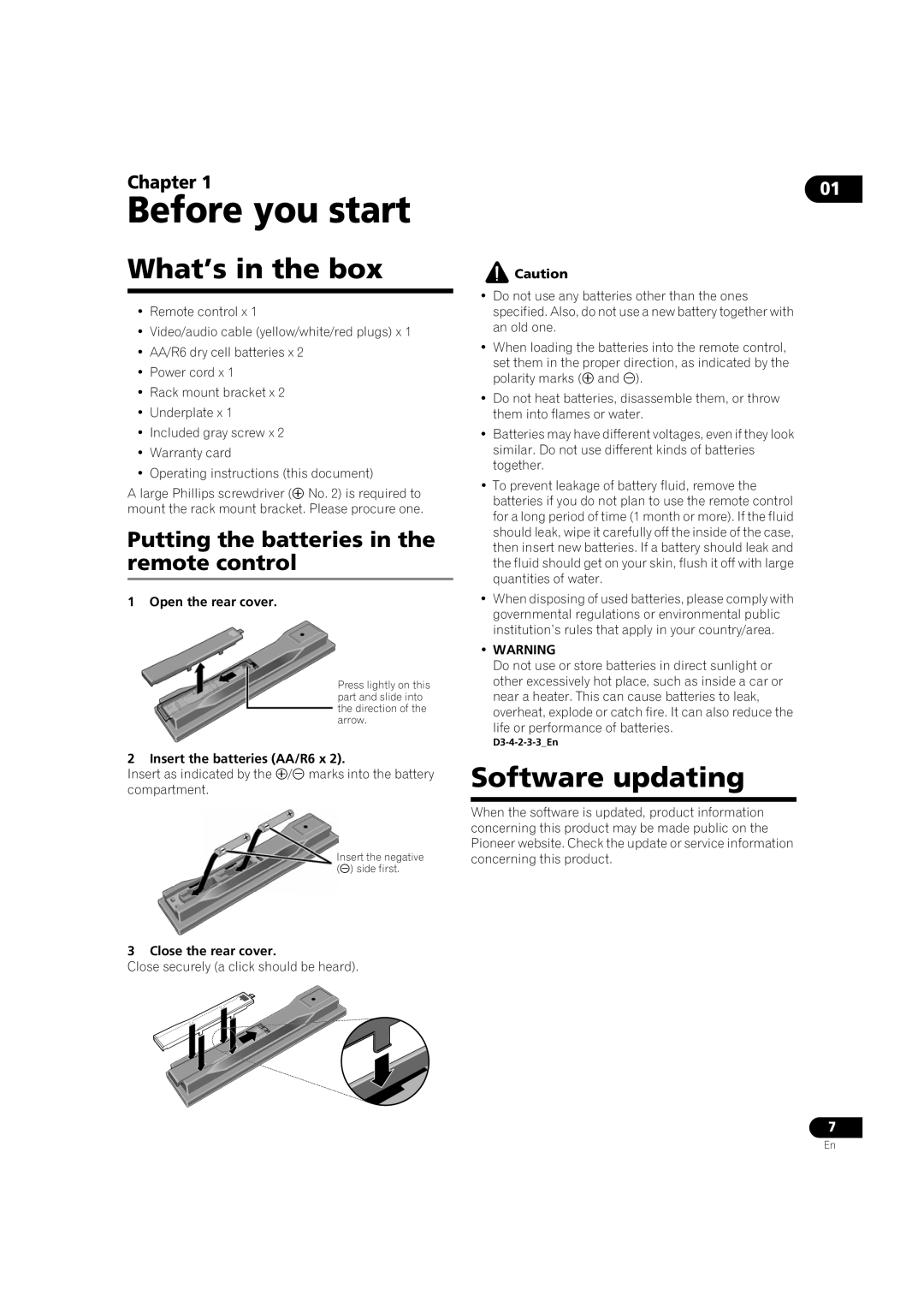 Pioneer BDP-V6000 operating instructions What’s in the box, Software updating, Putting the batteries in the remote control 