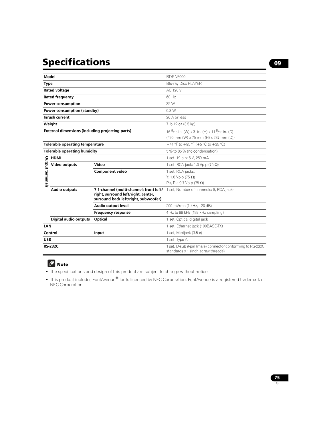 Pioneer BDP-V6000 operating instructions Specifications 