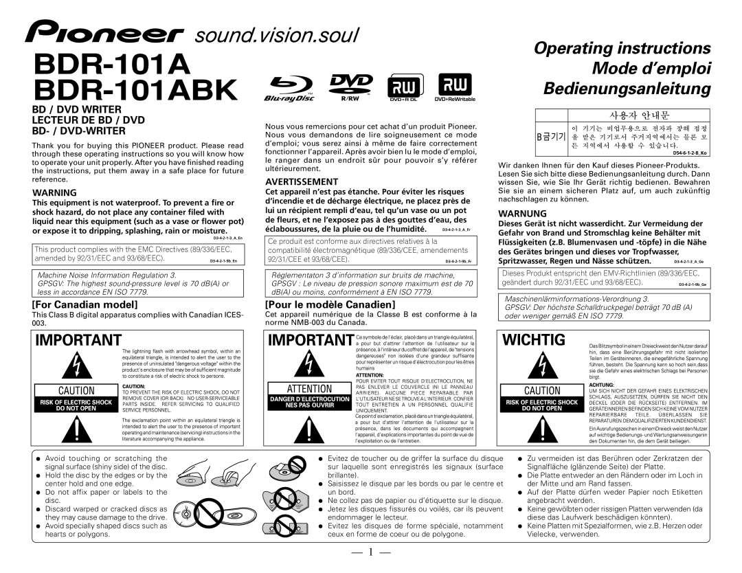 Pioneer BDR-101ABK manual BD / DVD Writer Lecteur DE BD / DVD BD- / DVD-WRITER, Avertissement, Warnung 