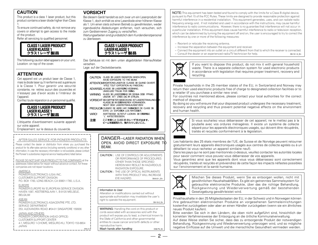 Pioneer BDR-101ABK manual Vorsicht, Nicht DEM Laserstrahlaussetzen 