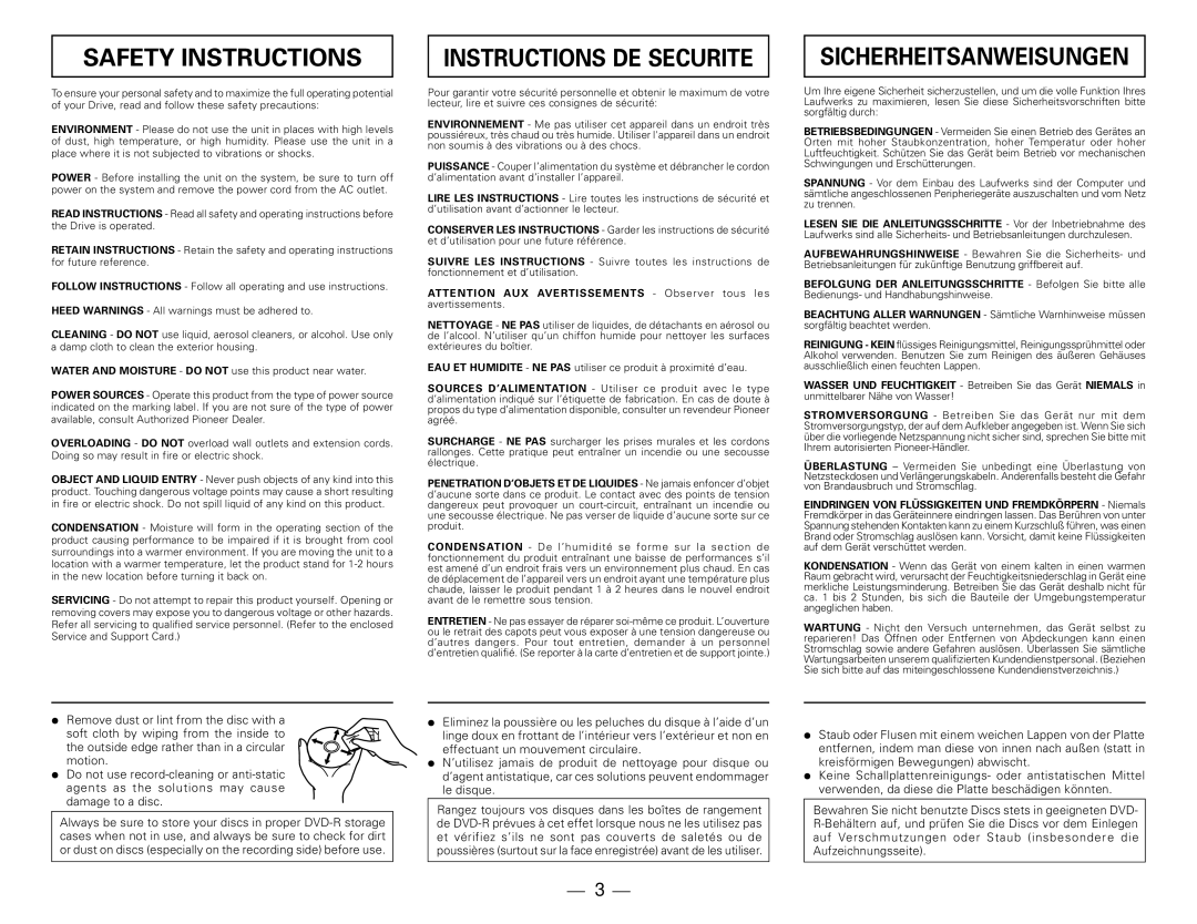 Pioneer BDR-101ABK manual Safety Instructions, Instructions DE Securite 