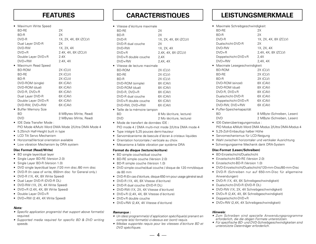 Pioneer BDR-101ABK manual Features, Caracteristiques, Leistungsmerkmale 