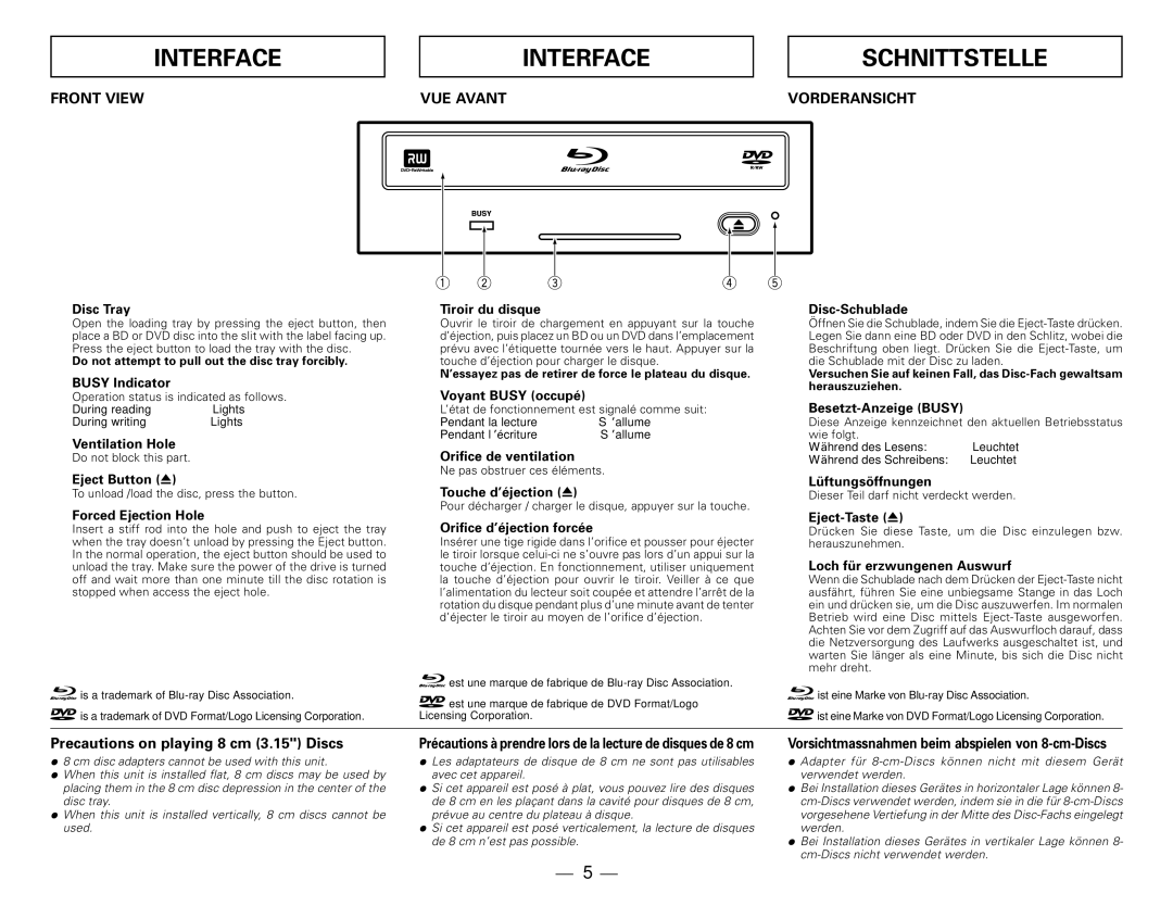 Pioneer BDR-101ABK manual Interface, Schnittstelle, Front View VUE Avant, Vorderansicht 