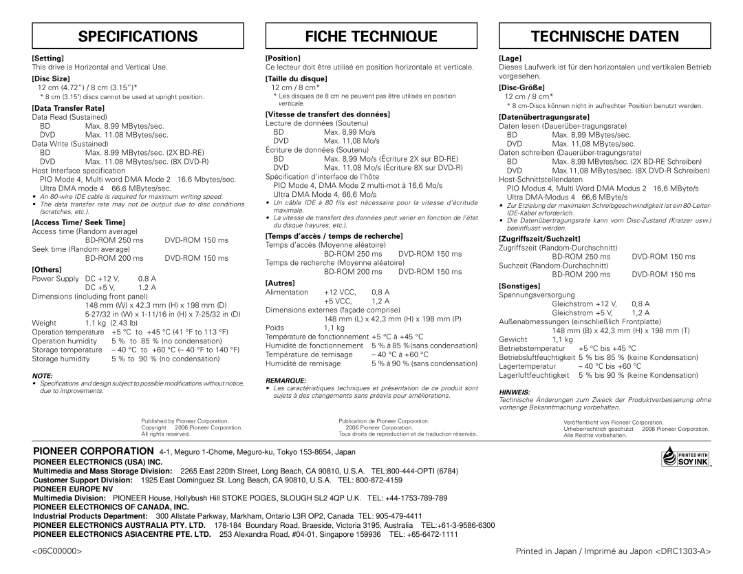 Pioneer BDR-101ABK manual Specifications, Fiche Technique, Technische Daten 