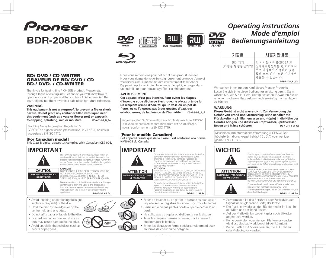 Pioneer BDR-207DBK operating instructions For Canadian model, Pour le modèle Canadien, Avertissement, Warnung 