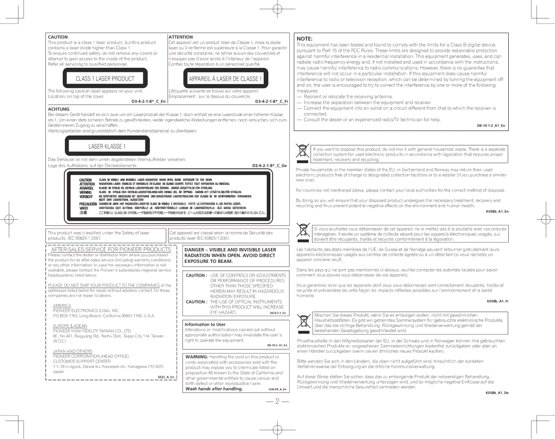 Pioneer BDR-207DBK operating instructions AFTER-SALES Service for Pioneer Products, Achtung 