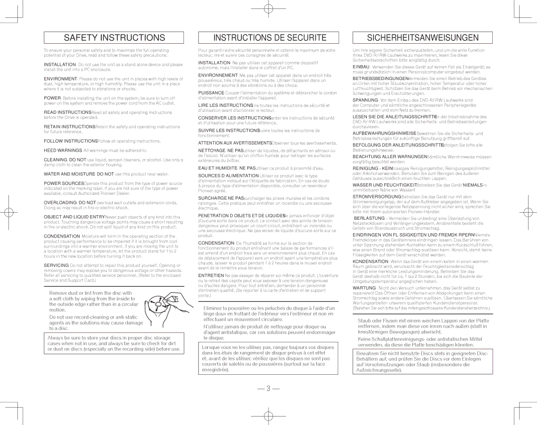 Pioneer BDR-207DBK operating instructions Safety Instructions, Instructions DE Securite, Sicherheitsanweisungen 