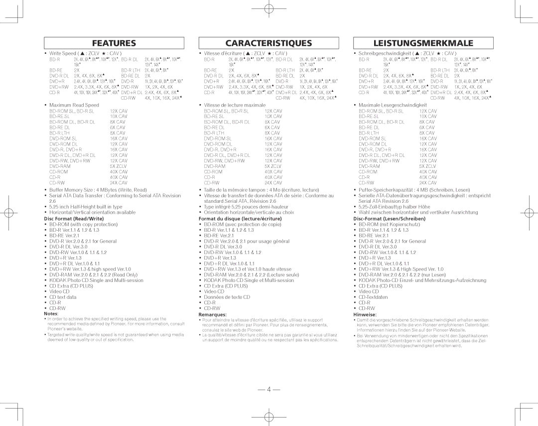 Pioneer BDR-207DBK operating instructions Features, Caracteristiques, Leistungsmerkmale 