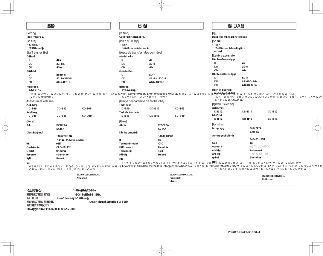 Pioneer BDR-207DBK operating instructions Specifications, Fiche Technique, Technische Daten 