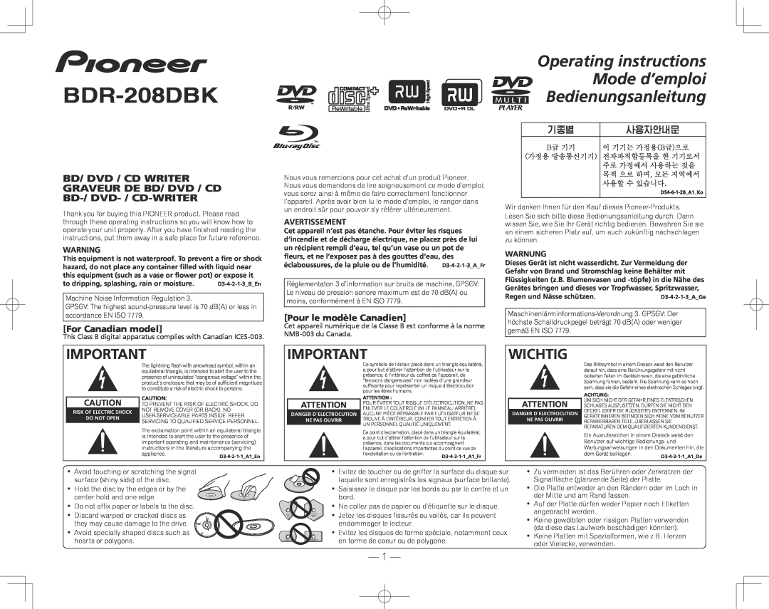 Pioneer BDR-207DBK operating instructions For Canadian model, Pour le modèle Canadien, BDR-208DBK, Wichtig 