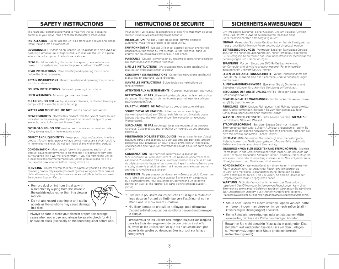 Pioneer BDR-207DBK operating instructions Safety Instructions, Instructions De Securite, Sicherheitsanweisungen 
