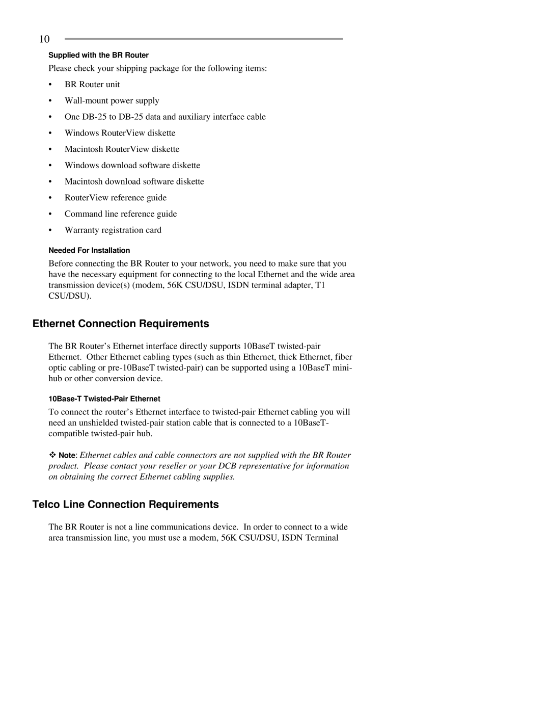 Pioneer BR-SIT01, BR-SXT01 manual Ethernet Connection Requirements, Telco Line Connection Requirements 